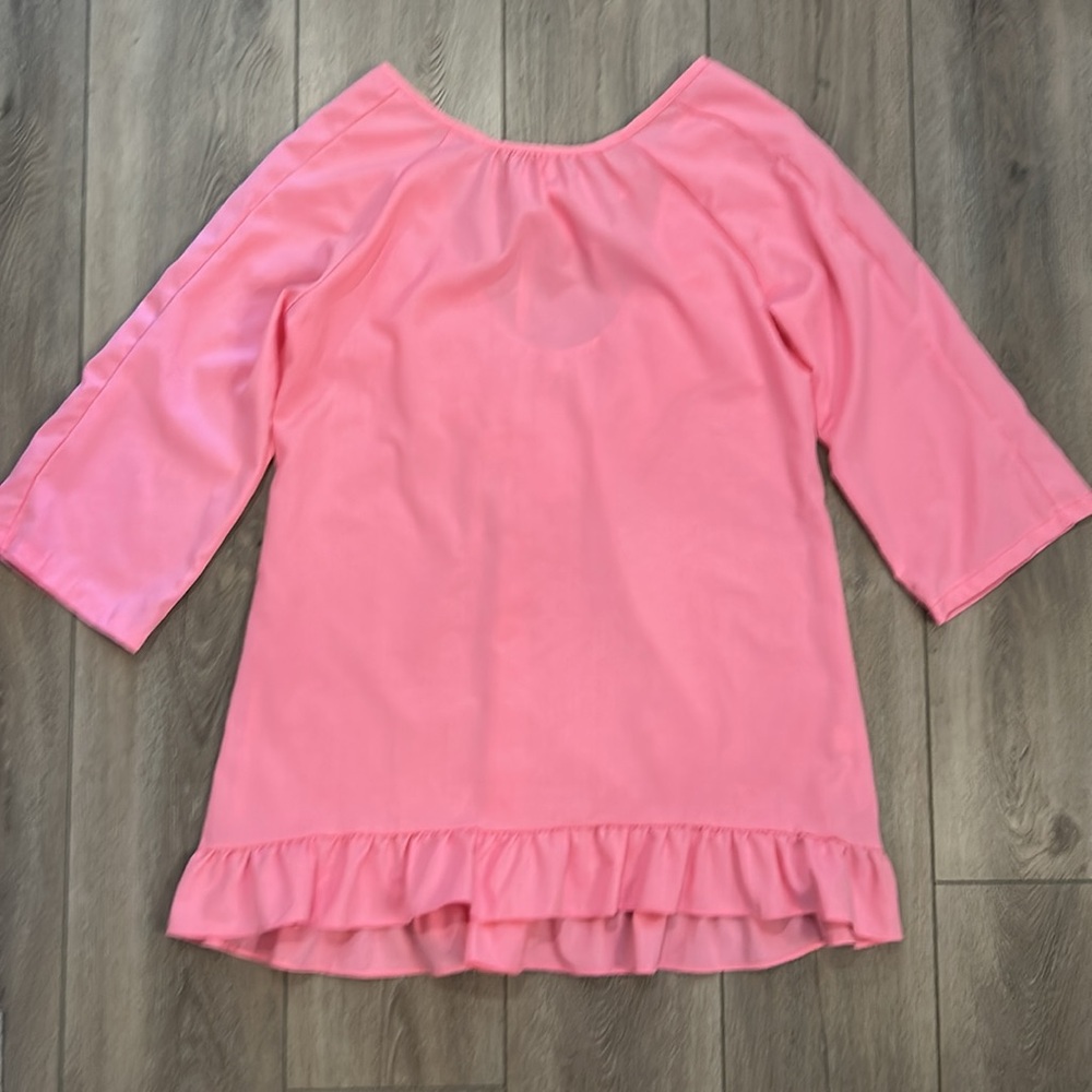 Pink Mini Dress Beach/Swim Coverup w/White Tassel Back Detail - Ruffle Hem Large - Picture 3 of 6